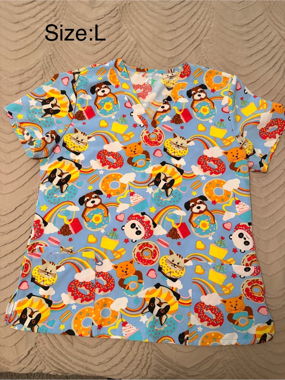 Playful Blue Short Sleeve with Donut & Animal Print- Women scrub top